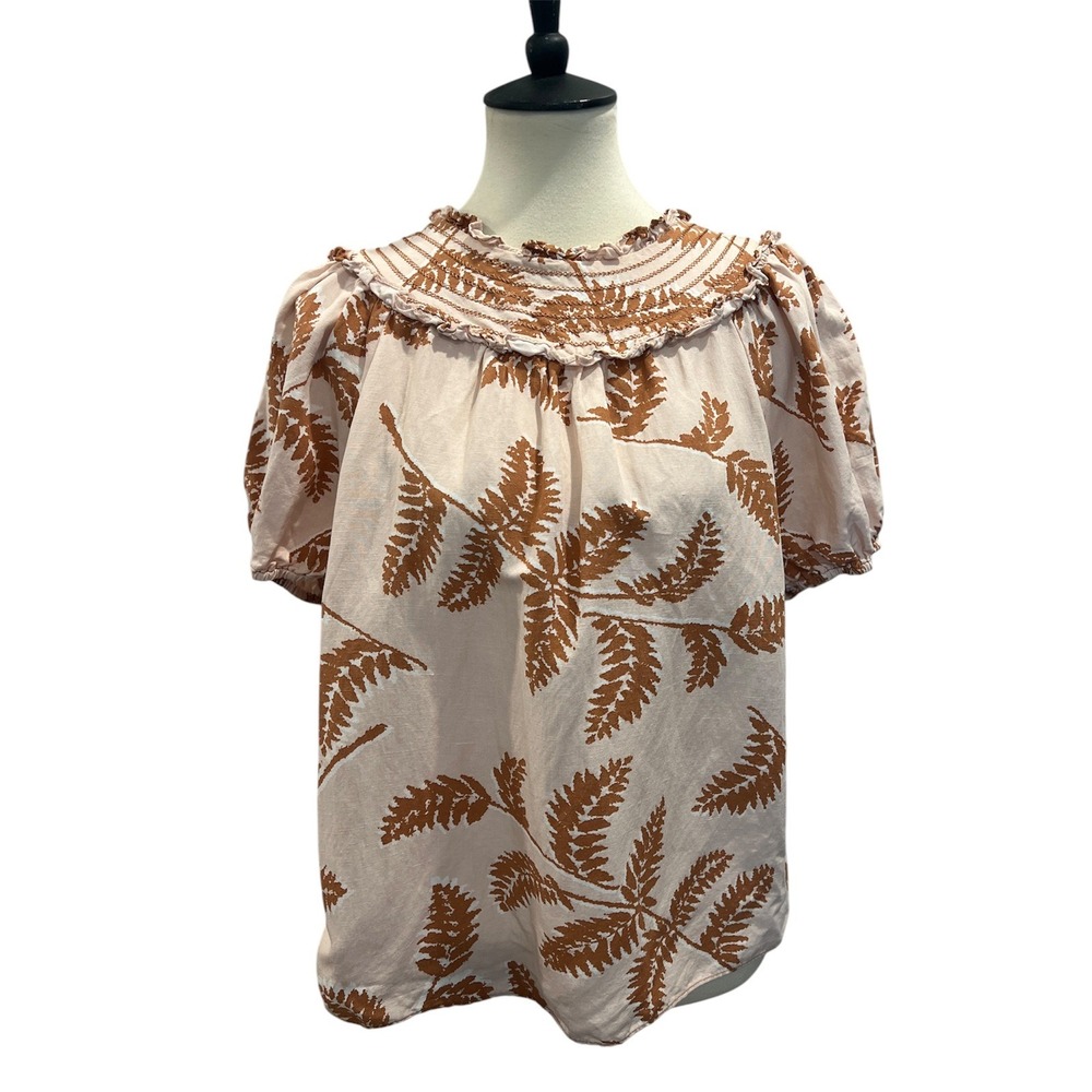 Current Air Fern Print Puff Sleeve Prairie Top Embroidered Smocked Sz M